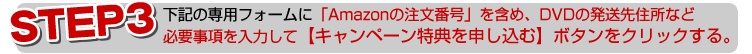下記の専用フォームに「Amazonの注文番号」を含め、DVDの発送先住所など必要事項を入力して【キャンペーン特典を申し込む】ボタンをクリックする。